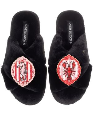 Laines London Classic Laines Slippers With Stripe Seahorse & Lobster Brooches - Black