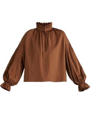 Paisie Ruffle Neck Lyocell Blouse With Smocked Cuffs - Brown