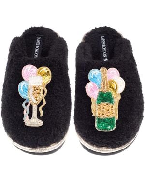 Laines London Teddy Closed Toe Slippers With Birthday Bubbles Brooches - Blue