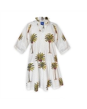 Pick Happy Puff Sleeve Chloe Mini Dress With Pintuck Details Palm Tree - White