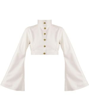 Kargede Leather Cropped Jacket – High Neck, Vegan Faux - White