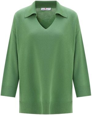 Peraluna Polo V Neck Wide Sleeve Loose Fit Knit Pullover - Green