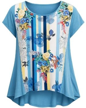 Conquista Floral Stripe Flared Top — Light, Vibrant & Perfect For Effortless Summer Style - Blue