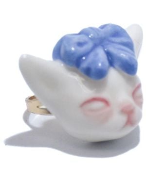 H2 Studio Angry Puss Porcelain Bow Tie Cat 14K Plated Brass Ring - Blue