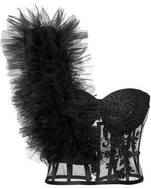 LIA ARAM Hand-Embroidered Ruffle Corset - Black
