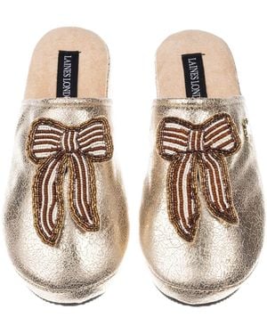 Laines London Softie Slippers With & Pearl Beaded Stripe Bow Brooches - Natural