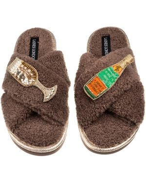 Laines London Neutrals Laines Neutral Boucle Slippers With Laines Champers Brooches - Brown