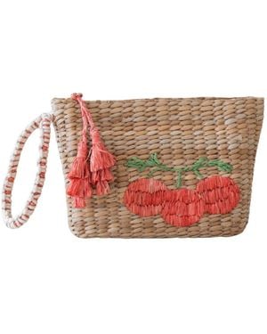 LIKHÂ Neutrals Handwoven Seagrass Tomato Wristlet Pouch With Tassels - Red