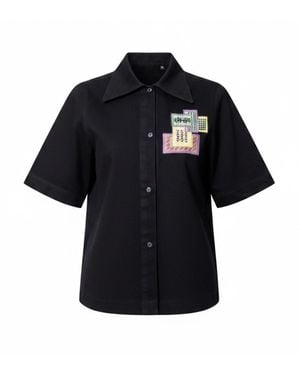 Up-fuse Patchwork Short Sleeve Denim Shirt- Sunburst - Black