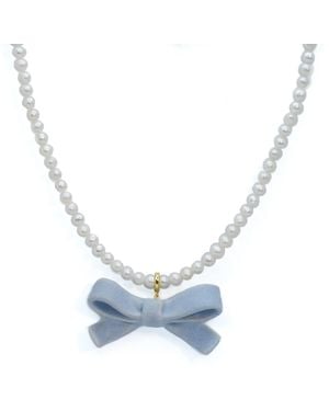 H2 Studio Bowtie Maniac Medium Ribbon Bowtie Round Freshwater Pearl Necklaces Forget Me Not - Blue