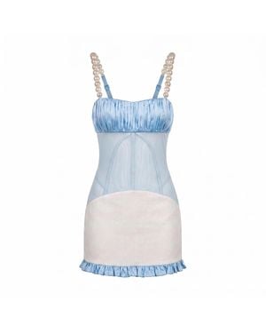 Clerestory Luscia Pearl Strap Mesh-Waist Linen Mini - Blue