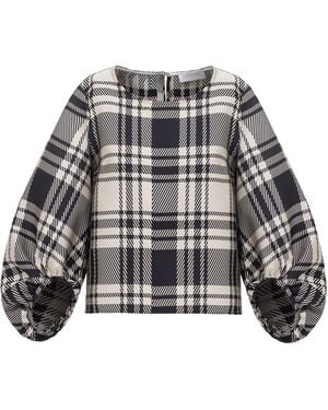 Georgette Noir Grid Volume Top - Gray