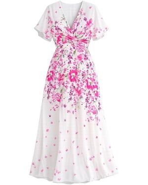 Yumi' Mirror Floral Print Ruched Waist Kimono Midi Dress - Pink