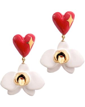 Sculp Show Me Love Orchid And Heart Dangle Earrings - Red