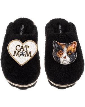 Laines London Teddy Closed Toe Slippers With Cat Mum/Mom & British Shorthair Cat Brooches - Black