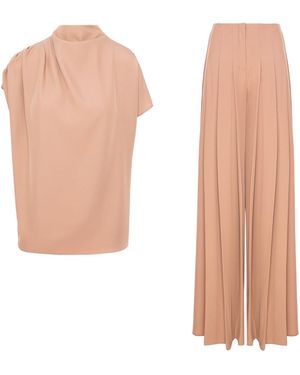 BLUZAT Neutrals Cappuccino Draped Top And Pleated Pants Set - White