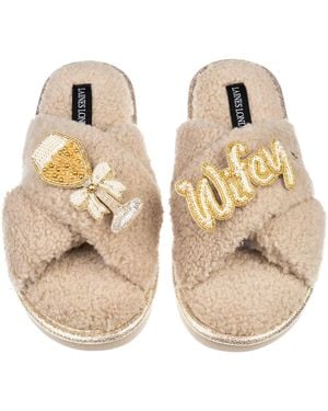 Laines London Neutrals Neutral Boucle Slippers With Wifey & Champagne Brooches - Natural