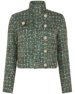 Sour Figs High-Neck Metallic Thread Bouclé Tweed Jacket - Green