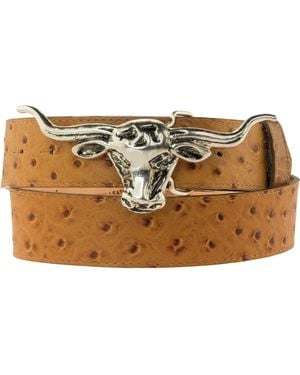 Peachy Belts Ltd Tan Ostrich Belt Leather Belt With Our Steer's Head Buckle - Metallic