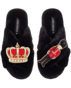 Laines London Classic Laines Slippers With Royal Crown & Grenadier Guard Brooches - Black