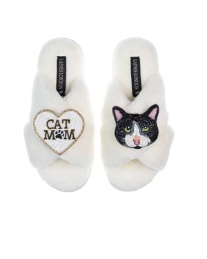 Laines London Classic Laines Slippers With Cat Mum/Mom & Oreo Cat Brooches - White
