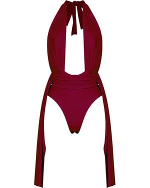 ANTONINIAS Plonger Deep Plunge Halter Neck Swimsuit With Decorative Belt - Red
