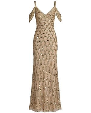 Mac Duggal Sequin Embellished V-Neck Gown - Natural