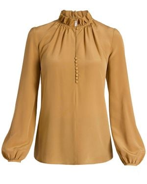 Santorelli Astrid Long Sleeve Silk Ruffle-Neck Top - Brown