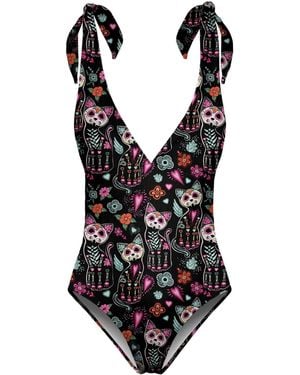 Aloha From Deer Cat Skeleton One Piece Swimsuit - Black