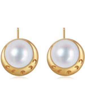 Aurozia Moonlit Grace Lunar Phase& Pearl Moon Vermeil Minimalist Pearl Stud Earrings - Blue