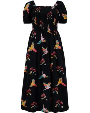 Sugarhill Jolene Midi Shirred Dress, Tropical Parrots - Black