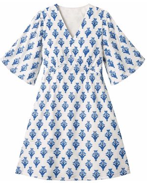 House of Gl Soreia Hand-Block Printed Cotton Fit & Flare Dress With Open Back - Blue