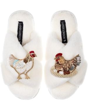 Laines London Neutrals Classic Laines Slippers With Chicken & Hen On Nest Brooches - White