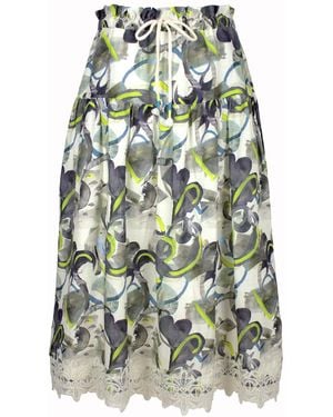 Lalipop Design Linen Tiered Drawstring Skirt With Trims Of Lace Appliques - Green