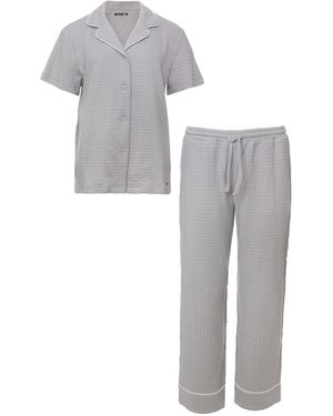 Pretty You London Luxury Suite Waffle Short & Shirt Trouser Set - Grey