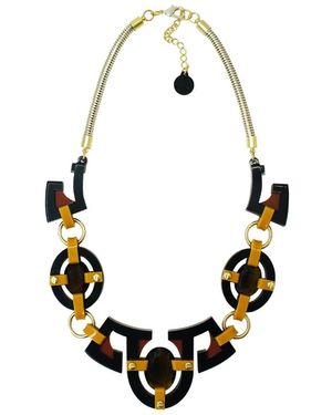 Gissa Bicalho Handmade Acrylic Necklace Plastron Oval Cut Stone Mustard - Black