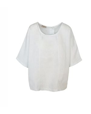 Haris Cotton Round Neck Linen Blouse With Batwing Sleeve And Back Buttons - White
