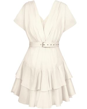 ALINA CERNĂTESCU Neutrals Oasis Linen Bamboo Holiday & Cocktail Ruffle Midi Dress With Textile Belt - White