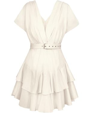 ALINA CERNĂTESCU Neutrals Oasis Linen Bamboo Holiday & Cocktail Ruffle Midi Dress With Textile Belt - White