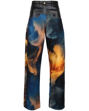 Lalipop Design Wide-Leg Trousers With Vegan Leather Waist And Digital Flame Print - Blue