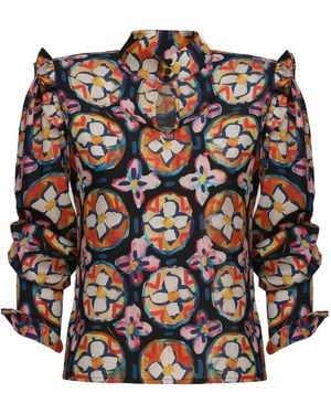 Julia Allert Designer Satin Blouse With Bishop Sleeves And Stand Collar – Print - Multicolour