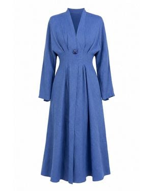 Exquise Garlyn Slim V Neck Long Sleeve Linen Midi Dress - Blue