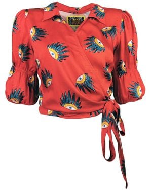 Lalipop Design Double-breasted Red Blouse With Eye Detailed Print