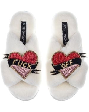Laines London Classic Laines Slippers With Fuck Off Brooches - White