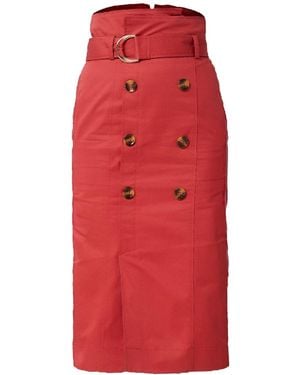 Smart and Joy Double-Breasted Straight Cotton Skirt With Belt - Red