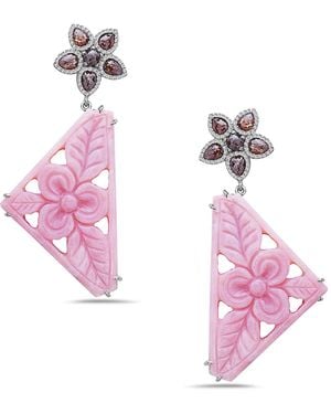 Artisan Handcrafted Carved Opal & Ice Diamond Earrings - Pink