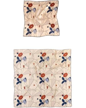 Lost Pattern Neutrals Camellia Silk Pocket Square & Large Silk Scarf Set -Khaki - Pink