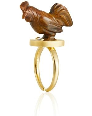 Wjy Studio London Handmade Engraved Cock Tiger Eye Gemstones Ring - Metallic
