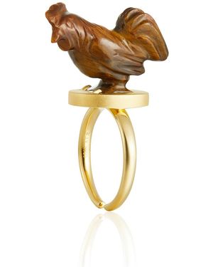 Jiaying Wang Wjy Studio London Handmade Engraved Cock Tiger Eye Gemstones Ring - Metallic
