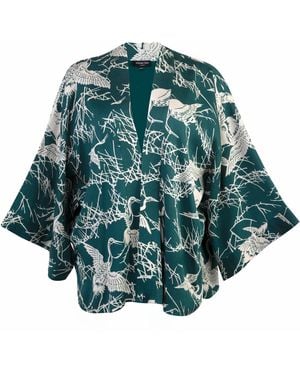Artemis Muse Japanese Crane Print Emerald & Ivory Short Kimono - Green